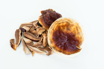 Dried Ganoderma Lucidum Mushroom isolated on white background. Ling Zhi Mushroom 