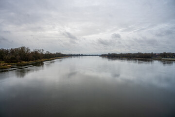 A view of the Vistula River in Torun, north-central Poland. Clouds reflected in the water