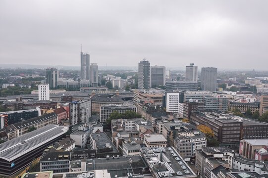Aerial cityscape of Business District skyscrapers in Essen, North Rhine-Westphalia, Germany