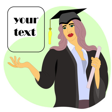 graduate girl in robe and hat, holding scroll about graduation from school, institute, master's degree, and pointing to an empty field FOR YOUR TEXT. Suitable for banners, posters, graduation albums, 