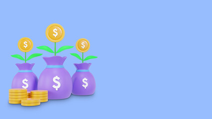 Money bag with pile or stack of golden coins and tree plant  financial concept of rich or wealthy isolated on blue background cartoon style 3d rendering illustration