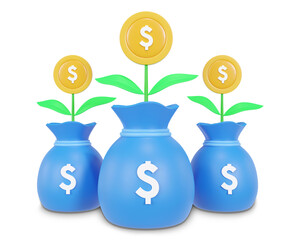 Money sack bag plant coins.financial concept of rich or wealthy. Symbol of cash and currency isolated on white background cartoon style 3d rendering illustration
