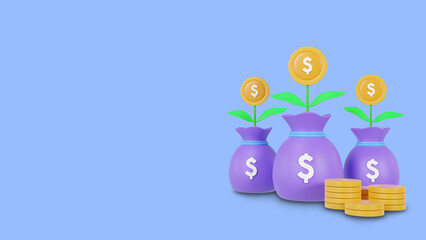 Money bag with pile or stack of golden coins and tree plant  financial concept of rich or wealthy isolated on blue background cartoon style 3d rendering illustration