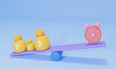Alarm clock and three bags with dollar put on the scales with Money and time Balance scale on blue background cartoon style 3d rendering illustration