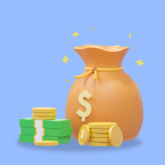 Money and bag with pile or stack of golden coins on blue background cartoon style 3d rendering illustration