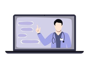 Fototapeta na wymiar doctor conducts online consultation, telemedicine illustration. chat with a doctor. laptop isolated flat vector