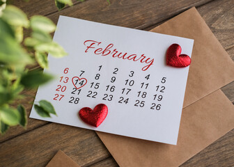 February 2022 calendar. Calendar flat lay. The 14th of February. Valentine's Day