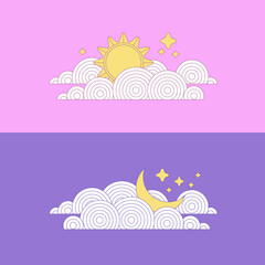Fototapeta premium Day and night. The sun and the moon behind the clouds. Cute baby vector illustration.