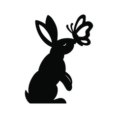 Sketch banner with black hare silhouette on white background for decoration design. Vector graphic illustration. Wild animal sign.