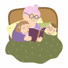 Grandma reads books to her grandchildren.  An elderly woman is lying in bed and reading a book. Near the grandmother lie children. Vector illustration on white background in cartoon style. For print