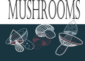 logo with mushrooms in brown and white, and blue