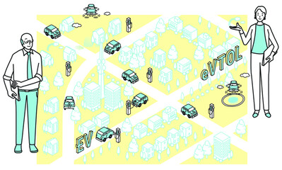 空飛ぶ自動車とEV自動車の走る街を紹介する人
