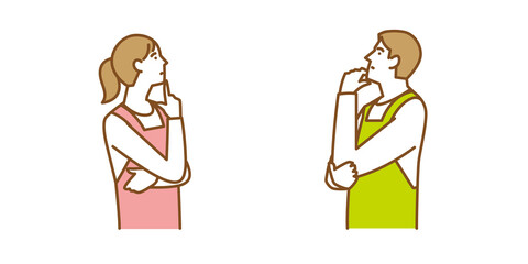 あごに手をあてて考え事をするエプロン姿の男性と女性