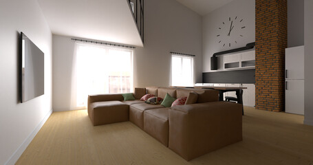 Modern living room with kitchen area. luxury two-level flat design. 3d visualization