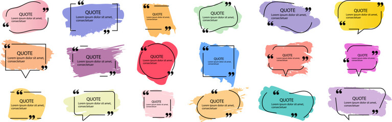 Collection of quote box frames and icons. Text in brackets. Blank template of quote remarks. Empty speech and quote bubbles of different forms. Textbox on color background. Vector illustration. EPS 10
