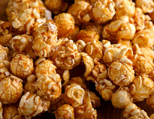 Delicious popcorn with caramel on wooden board