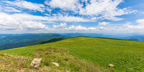 Fototapeta na wymiar green summer landscape in mountains. outdoor scenery with blue sky and clouds. beautiful nature backgroun on a sunny day. stones on the grassy hill