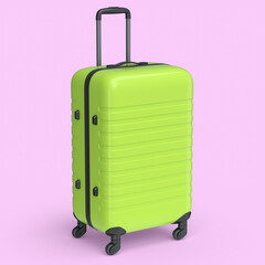 Regular green polycarbonate suitcase isolated on pink background.