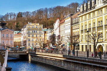 Fototapeta premium Karlovy Vary, Czech Republic, March 26, 2012. View of the river and embankments in Karlovy Vary.