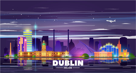 Naklejka premium Dublin, ( Ireland ) city night skyline vector illustration white background. Business travel and tourism concept with modern buildings. Image for presentation, banner, web site.