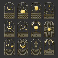 Set of golden magic logos in boho style. Line minimal bohemian icons with sun, moon, stars, lithotherapy minerals, sea, outer space, saturn and planets, esoteric symbols, simple tattoo © Coxic25