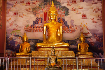 Buddha statue for thai people and foreign traveler travel visit and respect praying with holy mystery at Wat Phang Muang temple of Si Prachan at Suphanburi on January 27, 2022 in Suphan Buri, Thailand