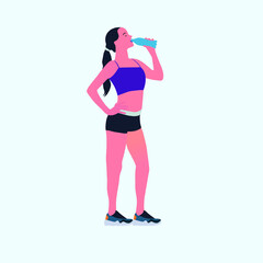 Young female athlete drinking water after workout, Illustration of woman drinking water, sports woman drinking energy drink during break