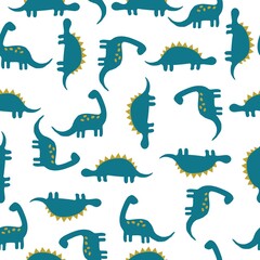 Seamless dinosaur pattern. Cute turquoise dinosaurs on a white background. Fashionable print for wallpaper and packaging.