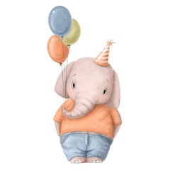cute baby elephant with air balloons, watercolor illustration, holiday clipart with cartoon character