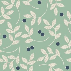 Seamless vintage pattern. White leaves, black berries. Light green background. vector texture. fashionable print for textiles, wallpaper and packaging.