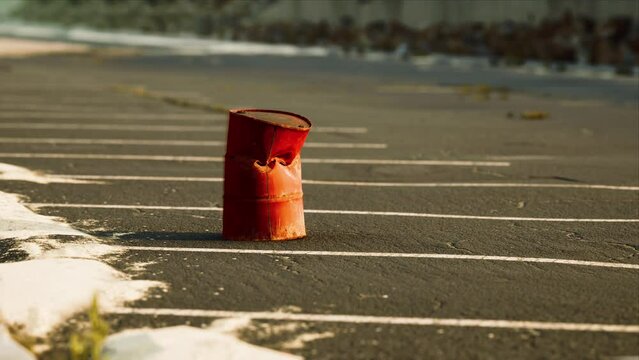 old and rusty metal barrel on parking