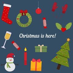 Vector illustration of a set of different Christmas items. These elements can be used to create your own, creative designs.
