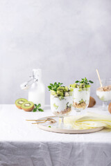 Homemade yogurt with fresh kiwi, muesli and mint