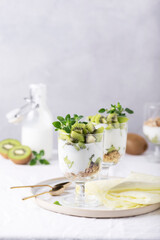 Homemade yogurt with fresh kiwi, muesli and mint