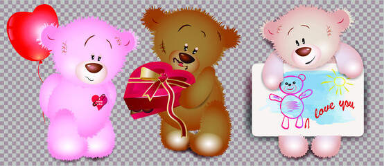 Set of cute isolated teddy bears with gifts