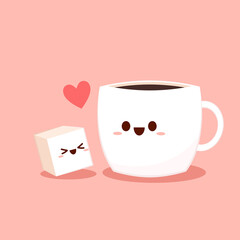 Coffee and Sugar cube cartoon vector. Coffee and Sugar cube character design. Valentine's day cartoon.