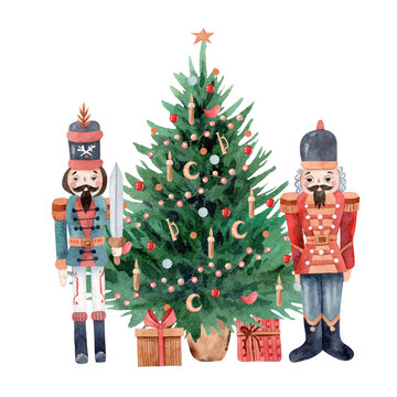Watercolor Nutcracker soldiers with Christmas tree and gifts. Christmas fairy tale Illustration isolated on white 