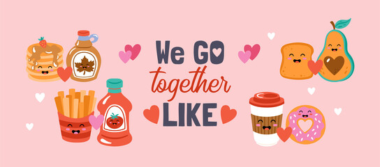 Valentines day cute funny food set Childish print for cards, stickers, apparel and party invitations