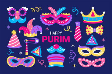 Purim holiday cute carnival costume masks and elements set. Childish print for greeting cards, posters, invitations and stickers.