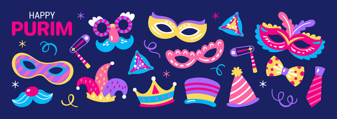 Obraz premium Purim holiday cute carnival costume masks and elements banner design. Childish print for greeting cards, posters, invitations and stickers.