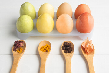 Natural dyes for Easter eggs such as onion peel, coffee, turmeric and karkade or red tea. Homemade colorful Easter eggs with natural dyes.