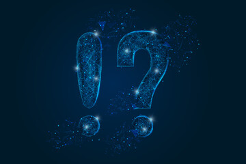 Abstract isolated blue image of a question fnd exclamation signs. Polygonal illustration looks like stars in the blask night sky in spase or flying glass shards. Digital design for website, web. © Katsiaryna