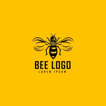 black and white bee logo design, vector bee, vintage bee logo, icon, modern, template, in yellow background