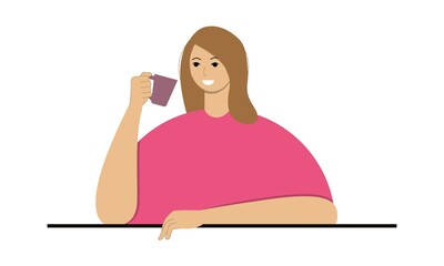 Funny girl drinks tea. Vector illustration.