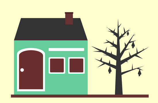 House and tree in the yard, with green house paint, brown doors and windows, cartoon illustration