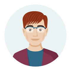 Male avatar, portrait of a man with glasses. Vector illustration of male character in modern color style