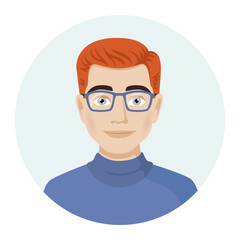 Male avatar, portrait of a young man with glasses. Vector illustration of male character in modern color style