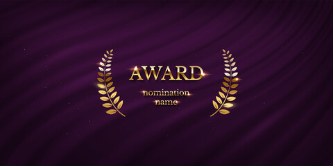 Award nomination emblem, gold laurel wreath with purple curtain background. Movie award ceremony opening, celebration event, announcement vector illustration. Film theatre scene.