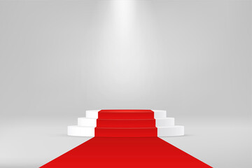 Red carpet on 3d round podium for winners and exclusive events, realistic triple platform