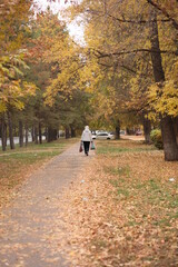 Russian woman walking from the store with bags